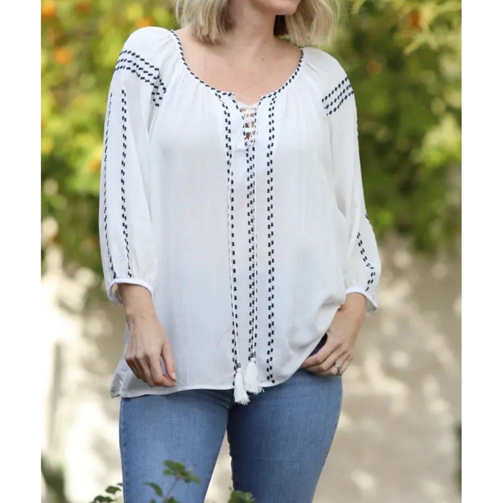 Nostalgia Peasant Blouse Tie Neck Paisley 3/4 Sleeve Boho Gypsy Artistic Loose L